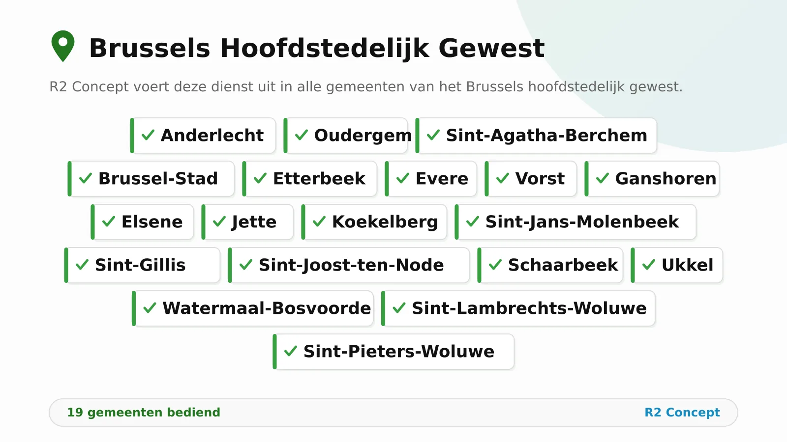 De 19 gemeenten van het Brussels hoofdstedelijk gewest waar R2 Concept werkt.